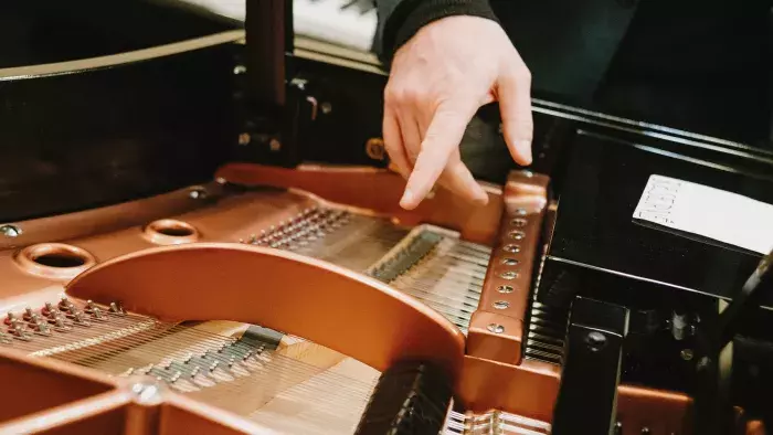 doigt qui montre l'intérieur d'un piano 